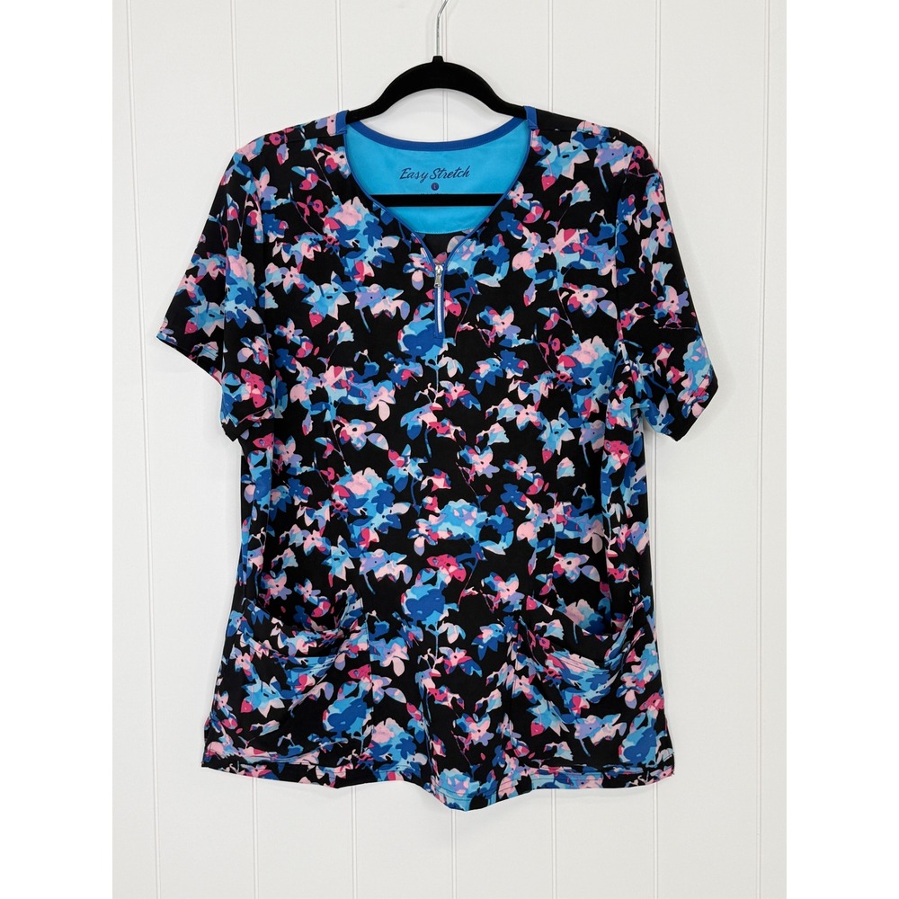 Easy Stretch Multicolor Floral Zip Front Scrub Top Women Large Abstract Print